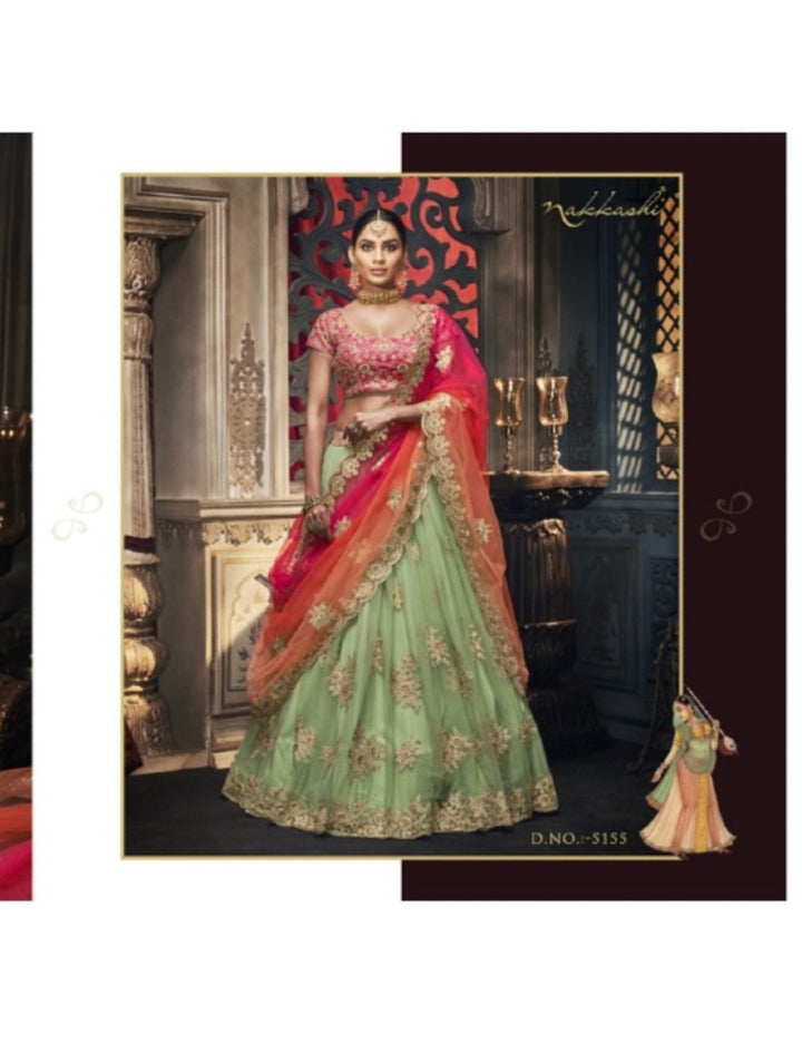 Festive Nakkashi NAK5155 Bridal Pista Green Net Rani Handloom Silk Lehenga Choli - Fashion Nation