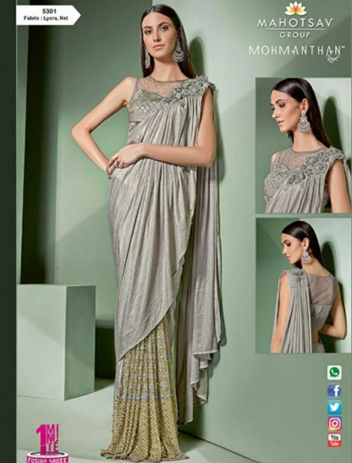 Designer MOH5301 Party Wear Grey Golden Lycra Net Silk Indo Western Saree - Fashion Nation
