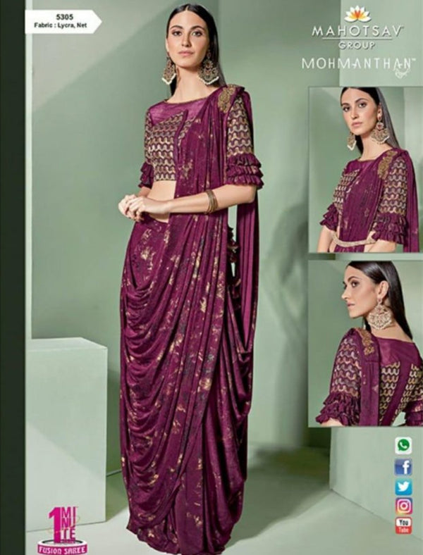 Amazing MOH5305 Cocktail Wear Purple Lycra Net Silk Indo Western Saree - Fashion Nation