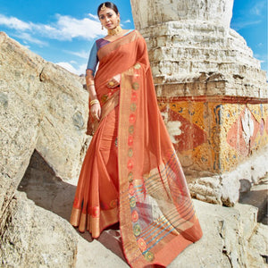 Best LS54462 Beautiful Peach Weaving Cotton Silk Saree - Fashion Nation