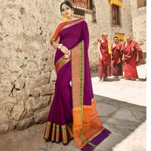 Beautiful LS54465 Heritage Purple Rust Weaving Cotton Silk Saree - Fashion Nation
