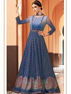 Charming Indo Western Aqua Multicoloured Cotton Satin Malmal Anarkali Gown - Fashion Nation