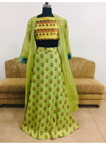 KF3518 Madhuri Dixit Bollywood Inspired Green Yellow Silk Lehenga Choli with Koti - Fashion Nation