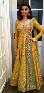 Celebrity Prachi Desai Bollywood Inspired Yellow Green Silk Net Anarkali Suit - Fashion Nation