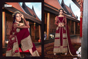 High Rated VIO6111 Indo Western Maroon Georgette Top & Palazzo Pant with Net Jacket - Fashion Nation