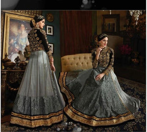 Attractive SY77 Partywear Grey Black Velvet Net Silk Anarkali Gown - Fashion Nation