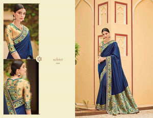 Finest KIM1016 Embroidered Blue Beige Banarasi Silk Weaving Saree - Fashion Nation